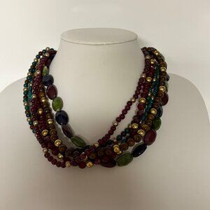 Jewel Tone Multi Strand Beaded Necklace Maroon Green Gold Tone Boho Statement